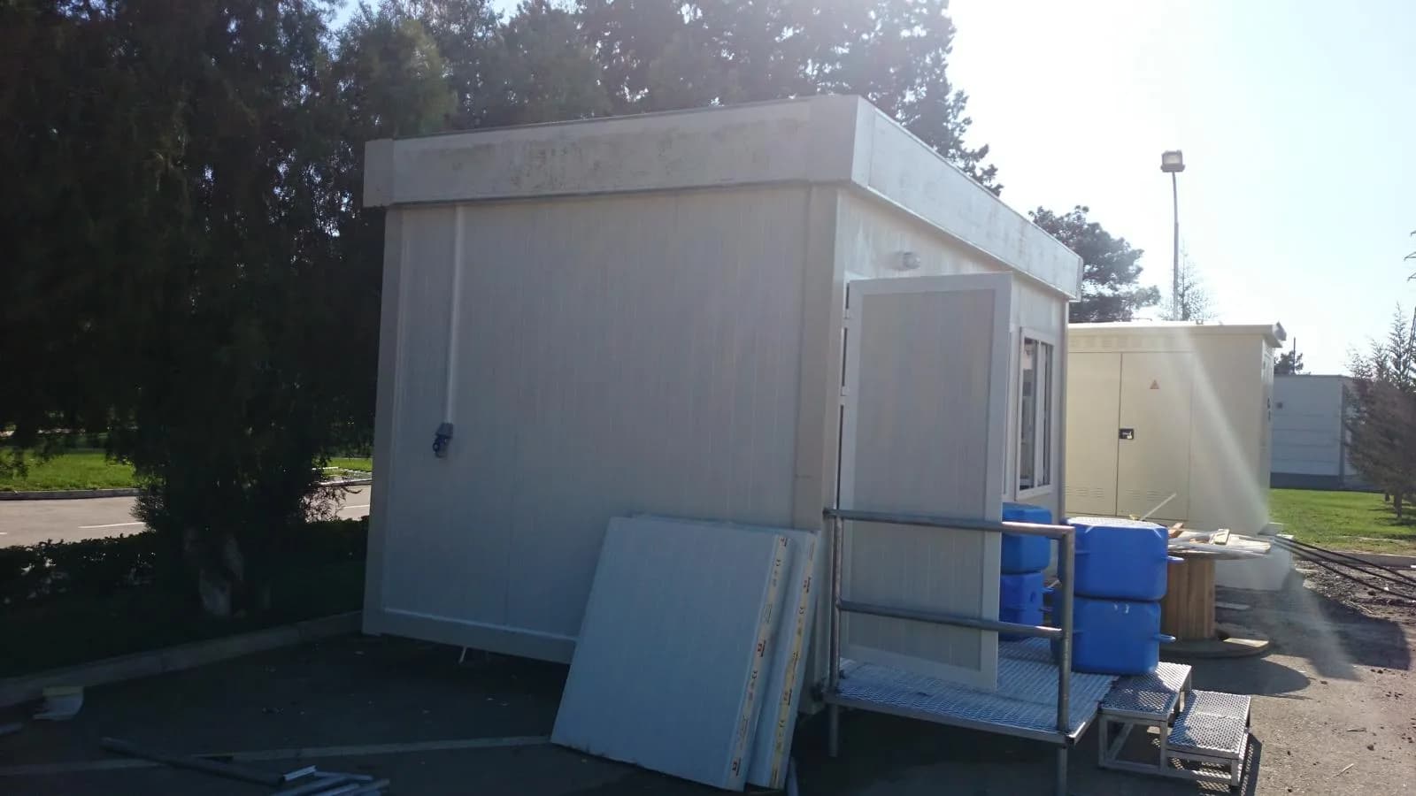 Temporary event office unit positioned for site management operations
