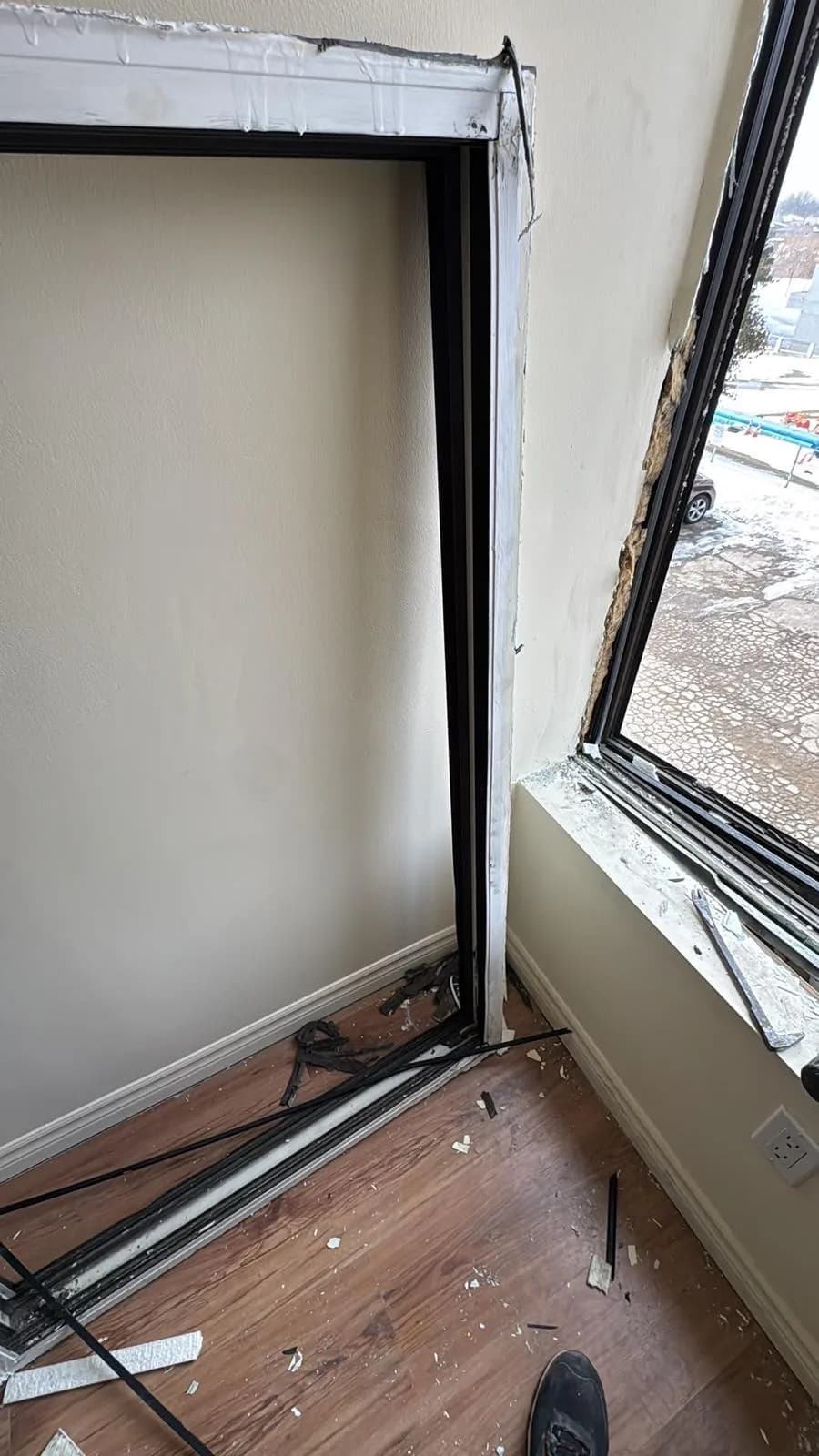 Commercial window frame removal during renovation in Mississauga