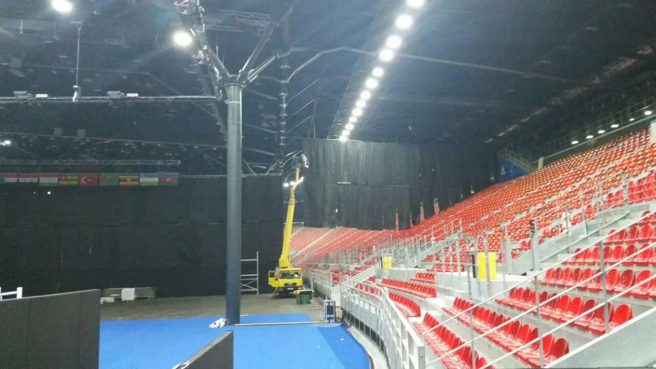 High-capacity red spectator seating installed for a Toronto arena competition
