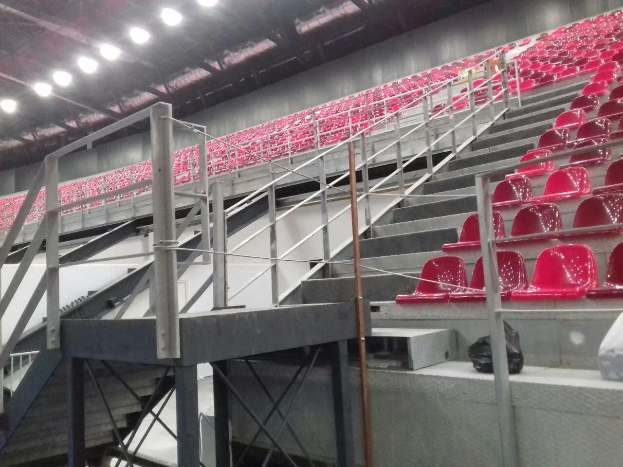 Rear steel support structure beneath temporary competition venue seating